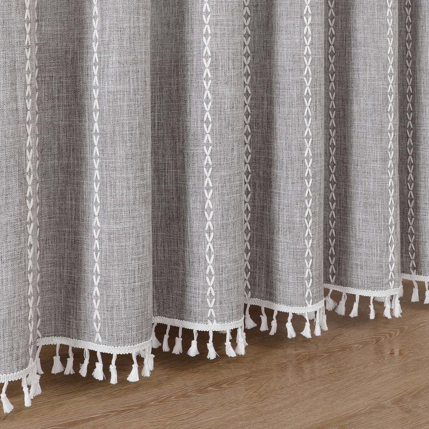 Americanflat 71x71 Woven Linen Shower Curtain with Tassel Accents - Includes 12 Grommets and Hooks - 100% Polyester