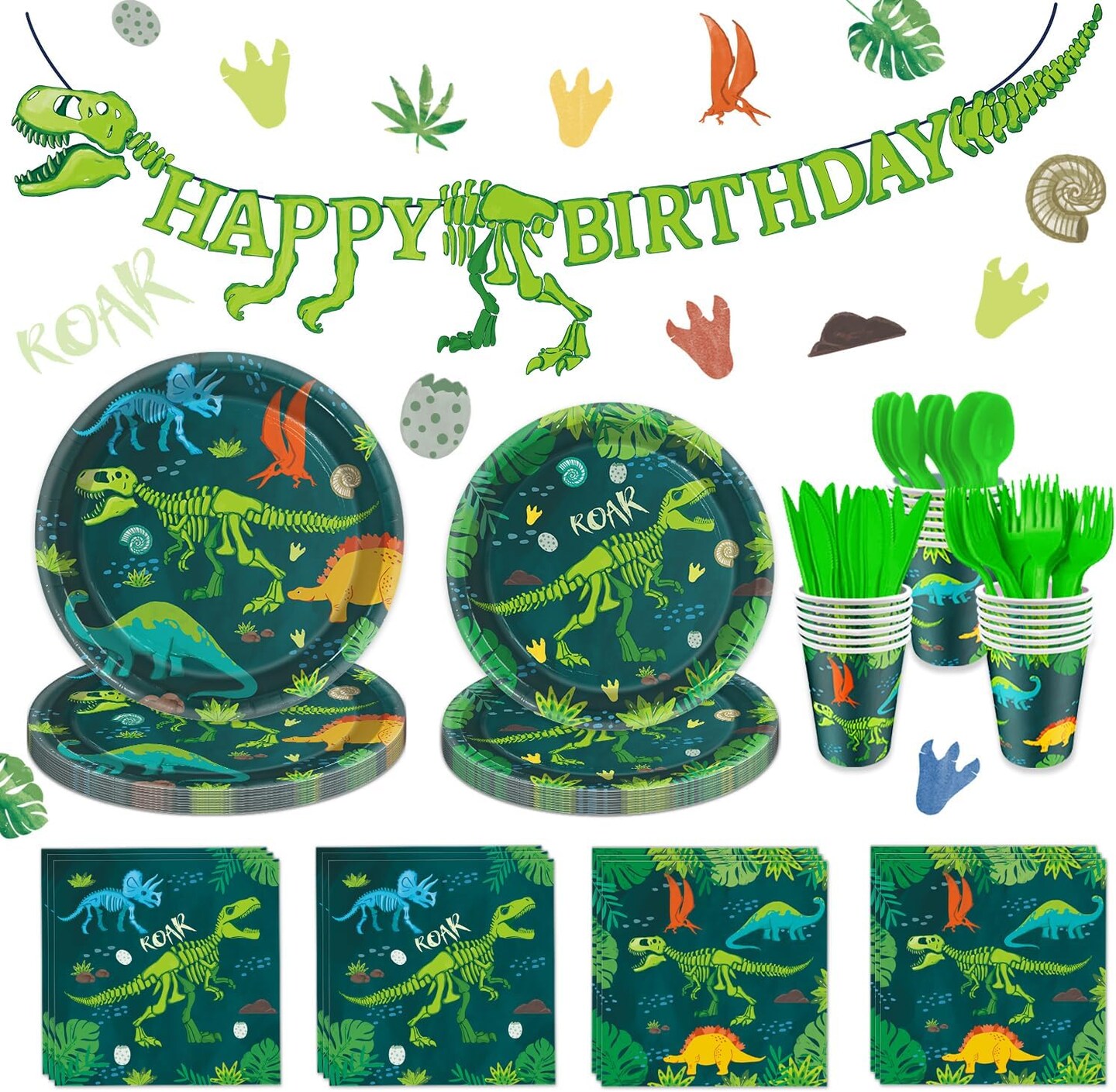 Dinosaur Theme Birthday Party Decoration Banner & Supplies, Includes Plates, Cups, Napkins, Cutlery Sets, Serves 24 Guests
