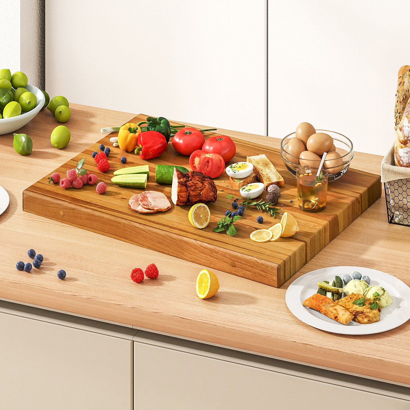 Teak Wood Cutting Board Extra Large Edge Grain Butcher Block with Handles, Reversible Design, Pre-Treated