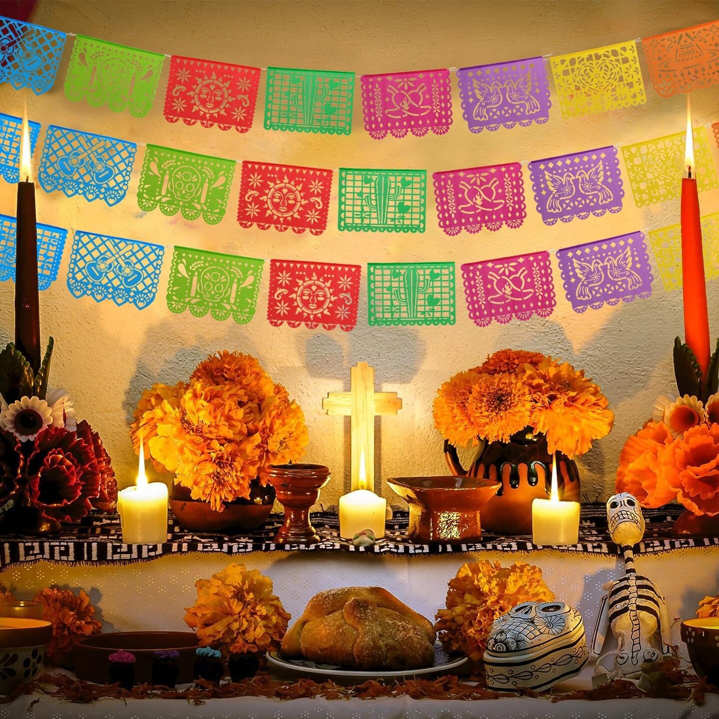 17Pcs Fiesta Party Decorations,Mexican Party Banners,82.5 Feet Plastic Papel Picado,Mexican Party Decorations,Cinco de Mayo Decoration,Dia de los Muertos,Day of the Dead Decor with Paper Fans Pom Poms Flowers