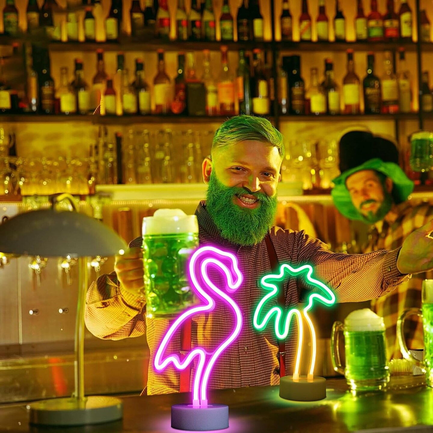 2 Packs Decoration Neon Signs Light Pink Flamingo and Green Palm