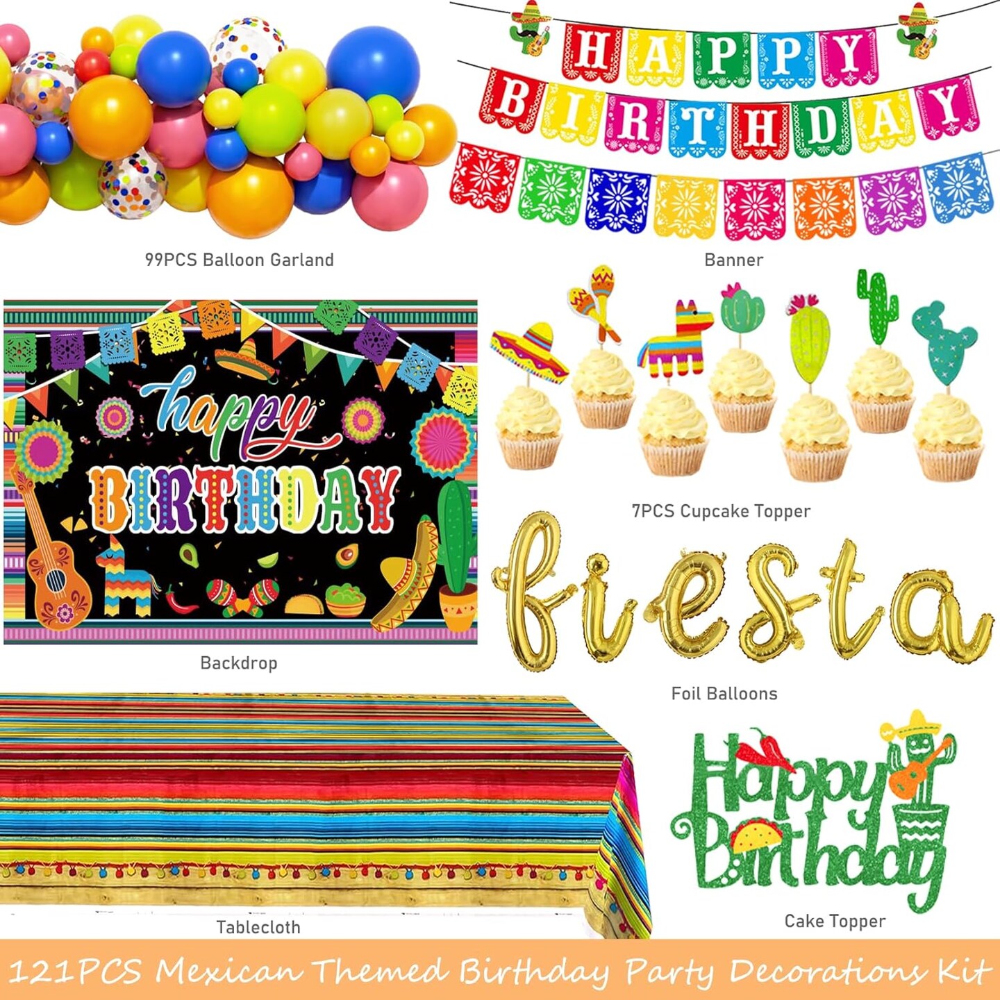 Mexican Birthday Party Decorations, Fiesta Birthday Party Decorations, Cinco De Mayo Supplies with 117 PCs Backdrop Papel Picado Banners Colorful Stripe Tablecloth