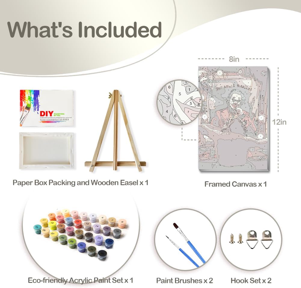 Framed with Easel Paint by Numbers Kit for Adults Beginners, Joker Easy Acrylic Watercolors Oil Number Painting Art on Streched Canvas with Easel for Home Wall Decor and Gift 7.8x11.8inch