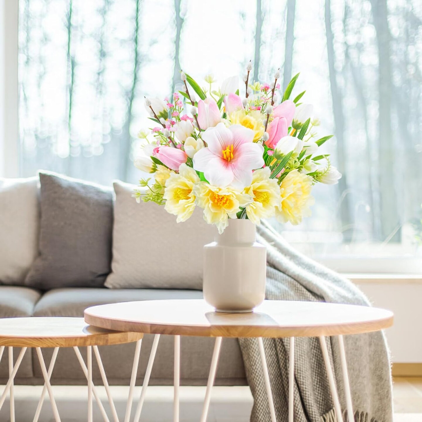 Summer Artificial Flower Arrangement – 16.14" Mixed Yellow Tulip and Peony Silk Bouquet with Branches for Home Vase Centerpiece or Table Decor