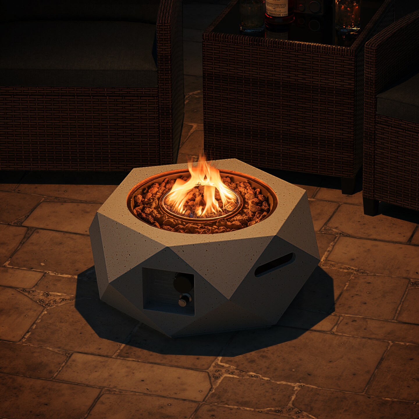 White Hexagon Terrazzo Fire Pit Table, 40,000 BTU and Stainless Steel Burner
