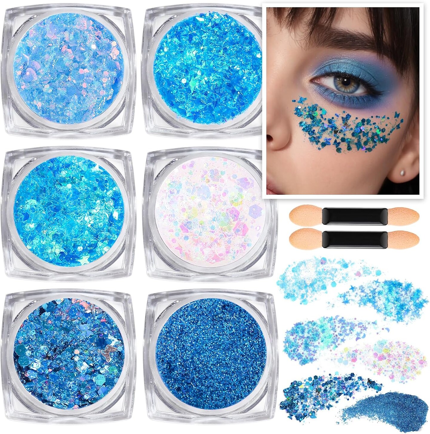 Face &#x26; Body Glitter - Blue, Hair Glitter Gel, 6 Shapes Festival Makeup Glitter for Face, Hair &#x26; Body
