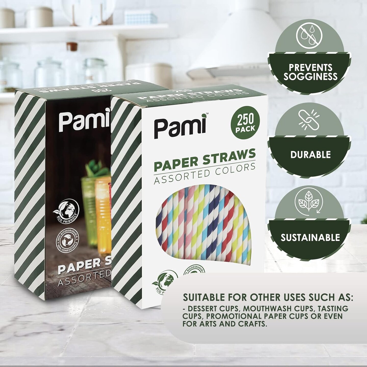 250-Pack Fun Assorted Color Compostable Biodegradable Disposable Paper Straws for Coffee, Juice, Cocktails