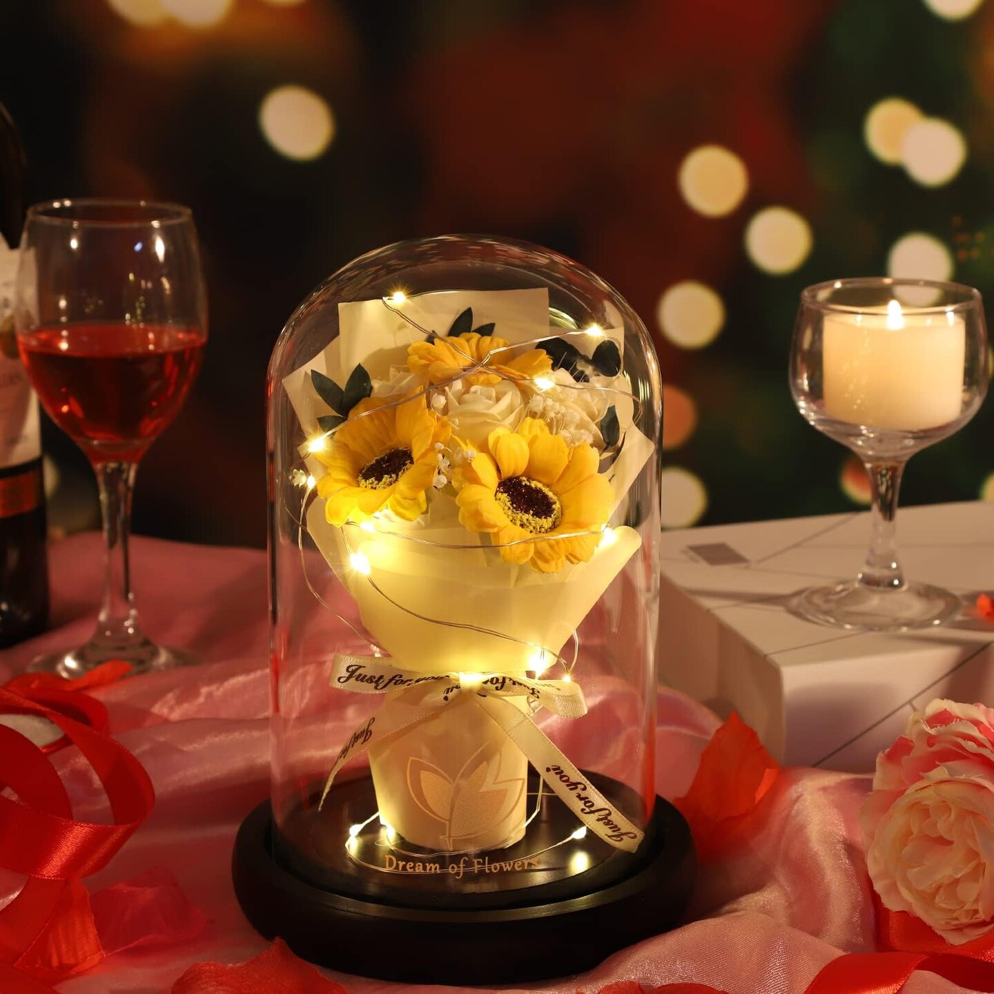 Mothers Day Sunflower Gifts for Mom,Flower Rose in Glass Dome with 2 Lighting Mode,Sunflower Gifts for Her,Artificial Forever Flowers Birthday Gifts for Women Mom Wife Girlfriend