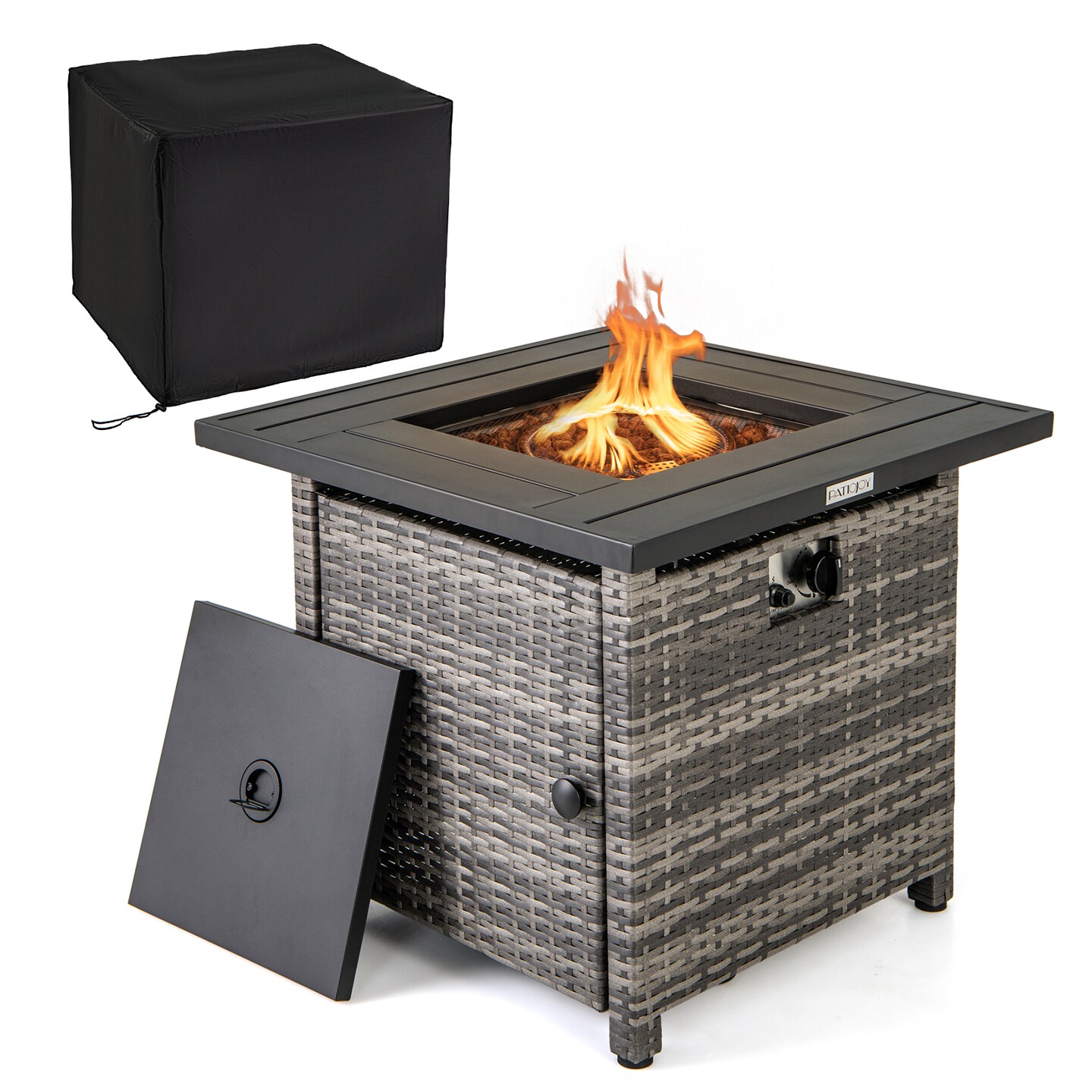 Grey Rattan Fire Pit Table with Lid – 50,000 BTU and Convertible