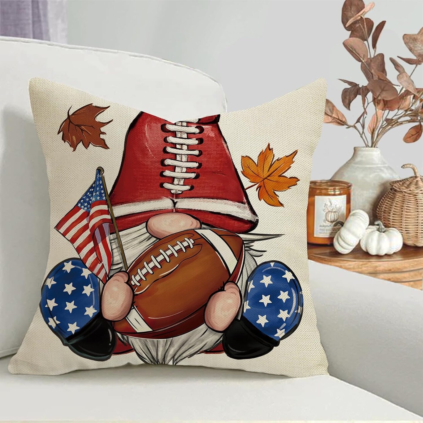 Fall Family Football Decorative Throw Pillow Covers 18 x 18 Set of 4, Autumn Game Day Gnome Helmet Porch Patio Outdoor Pillowcase