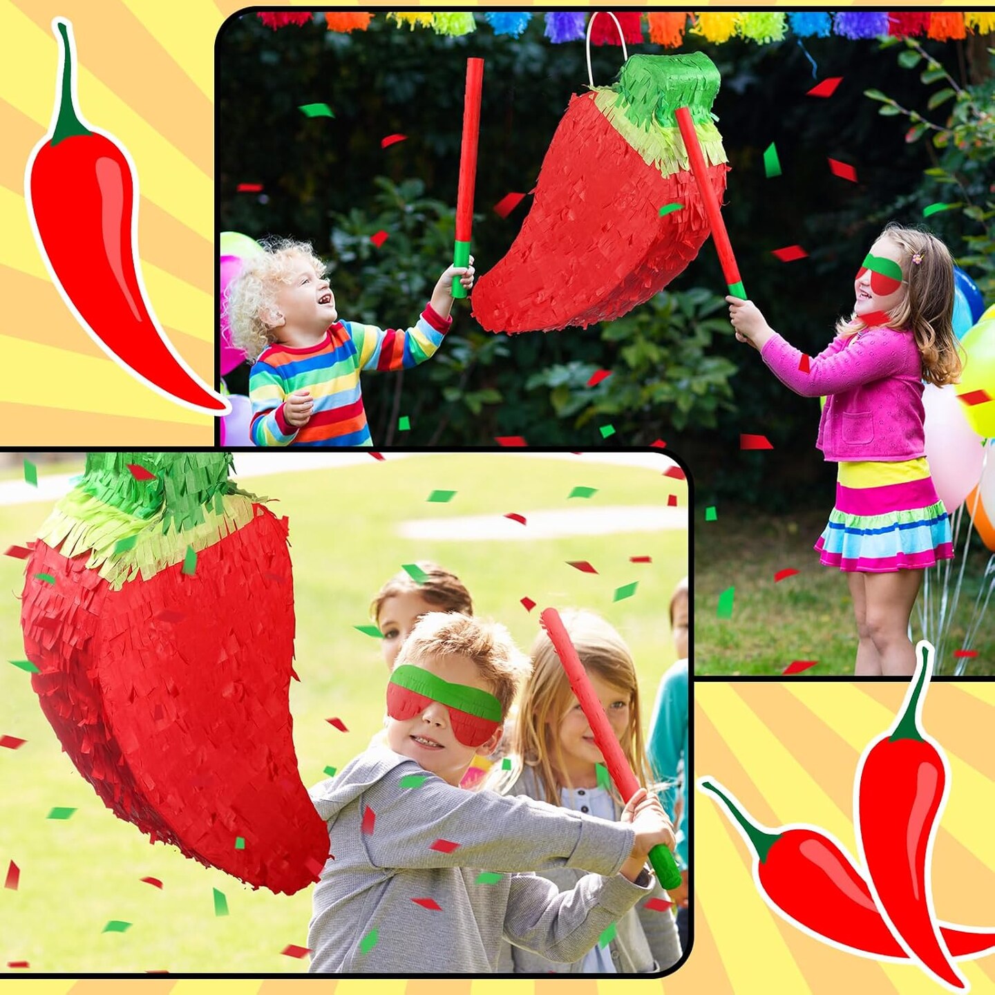 Red Chili Pepper Piñata with Piñata Stick and Blindfold, Fiesta Piñata Funny Piñata for Hot Pepper Festival Chili Themed Birthday Party Supplies Decoration