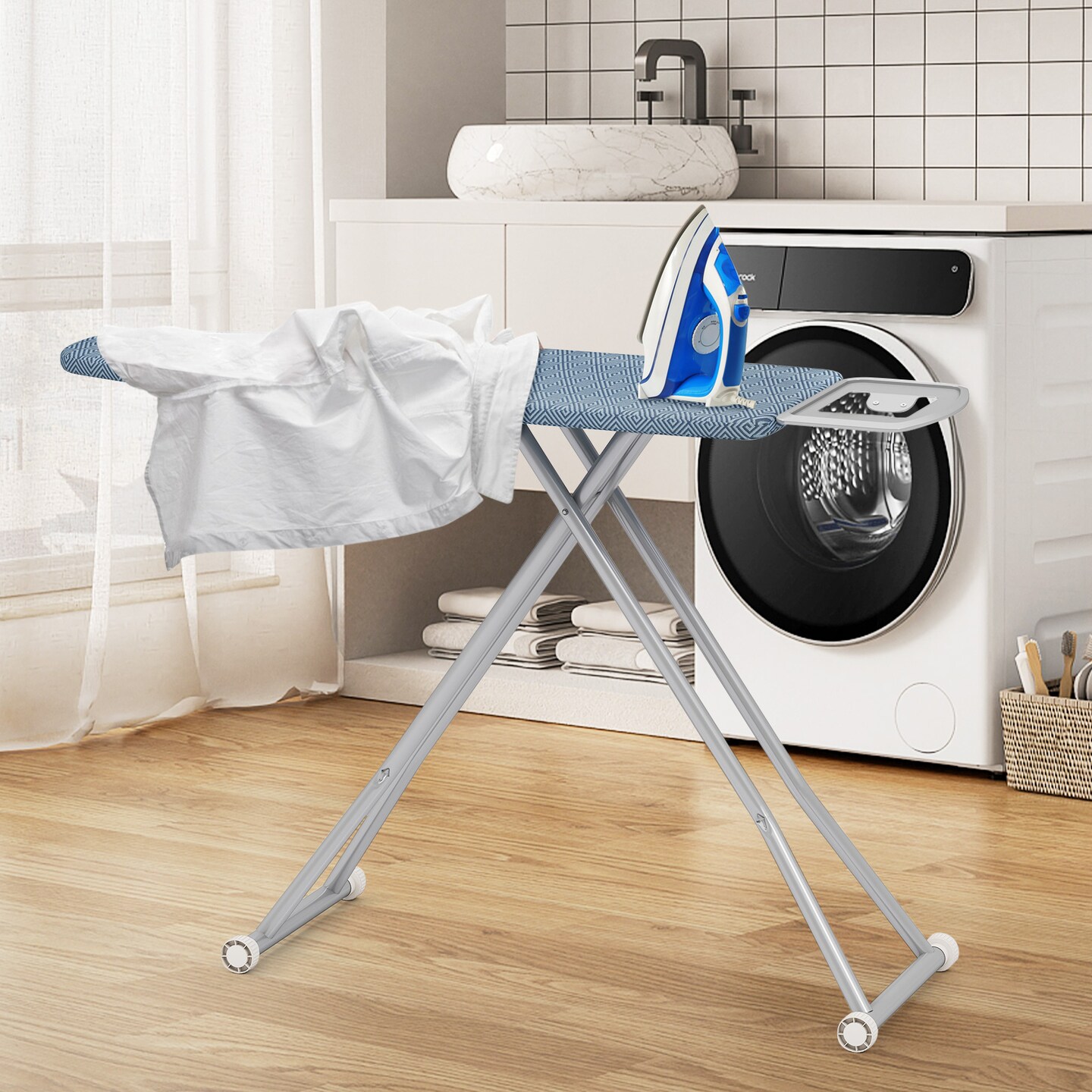 Adjustable Carbon Steel Ironing Board with Heat-Resistant Silver Coating &#x26; Iron Rest &#x2013; 7-Level Height
