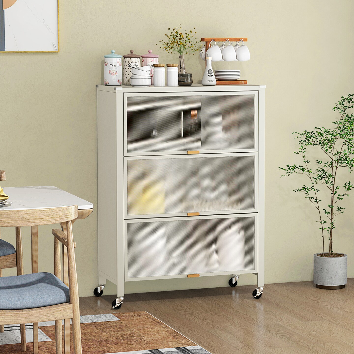 4-Tier White Metal Foldable Kitchen Bakers Rack with Flip Doors and 4 Universal Wheels