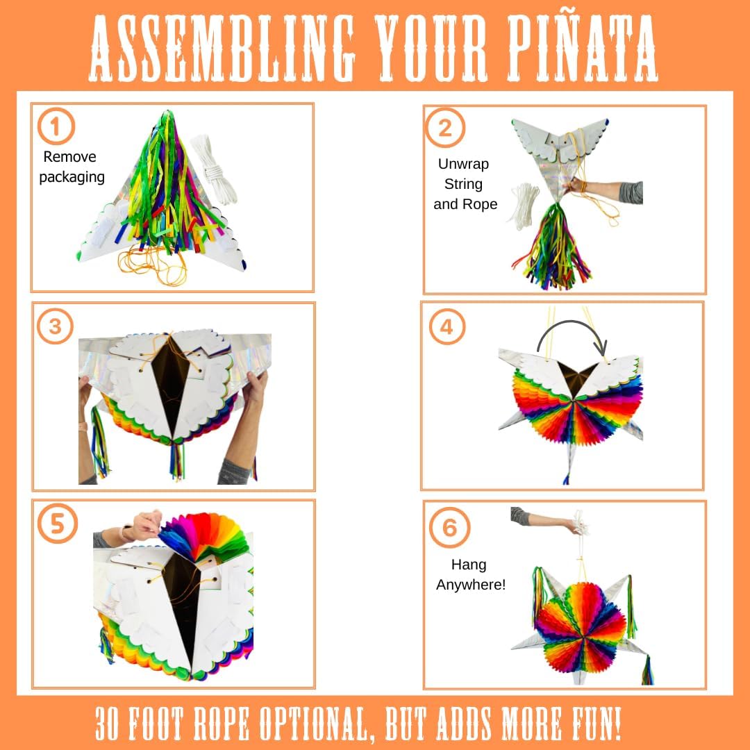 Mexican Star Pinata (33&#x22; Jumbo) with 30-ft Rope | Rainbow Mexican Pi&#xF1;ata | Large Handmade Pi&#xF1;ata for Cinco de Mayo, Birthday Parties, Fiesta Celebrations
