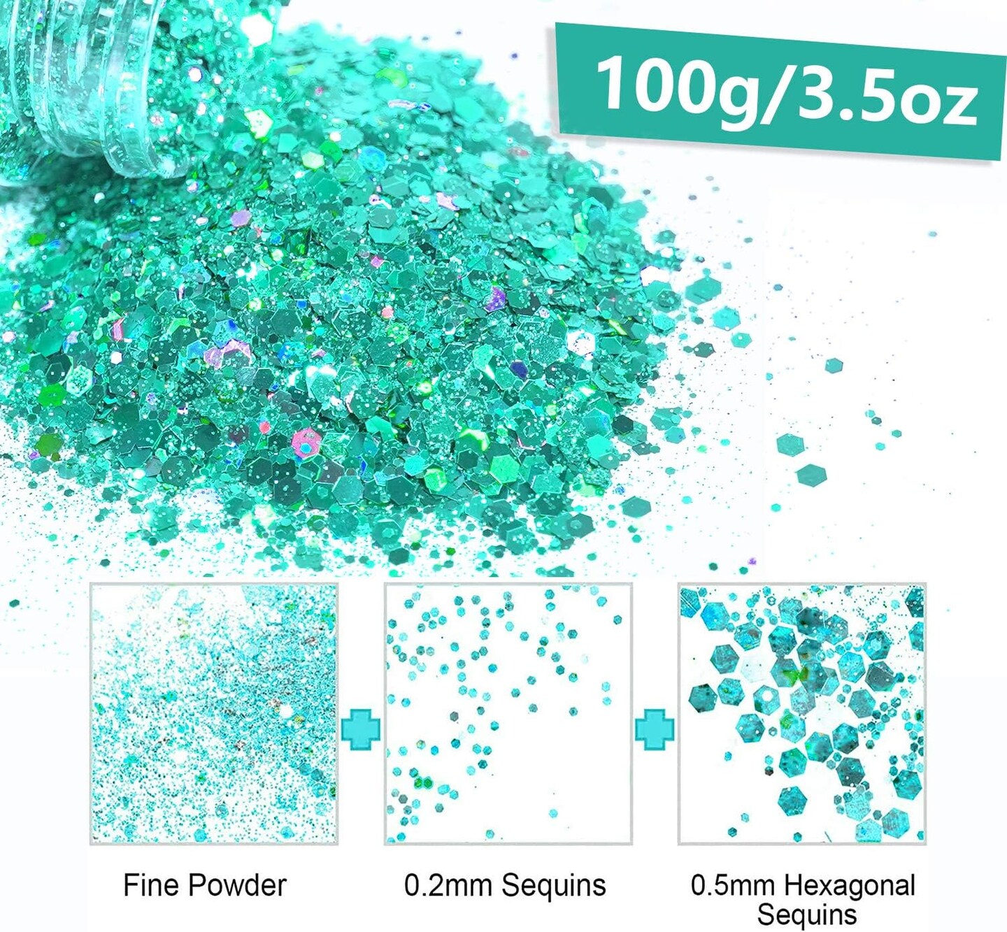100g Holographic Chunky Glitter, Cosmetic Mixed Hexagon Chunky & Fine Craft Glitter Resin Sequins for Epoxy Glass, Resin Art, Body, Hair, Face, Nail, Slime, Tumbler, Festival Party - Turquoise