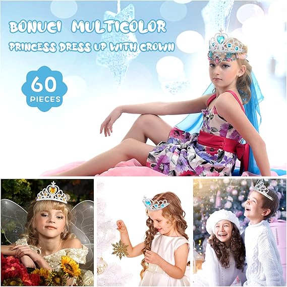60 Pack Kids Tiara Crown Set Dress up Costume Party Accessories Princess Crown with Heart Stones Plastic Headband