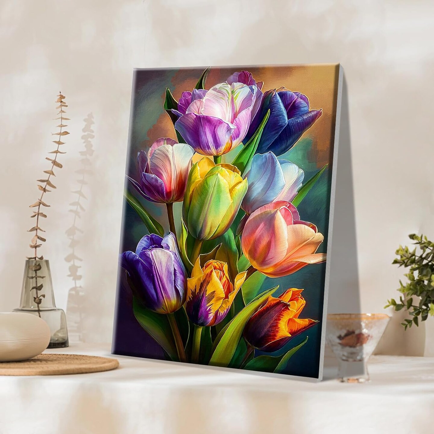 Floral paint by numbers kit for adults featuring a tulip design—includes pre-framed canvas and easel. Digital oil painting kit (7.87 × 11.81 inches), perfect for home wall décor or as a thoughtful gift.