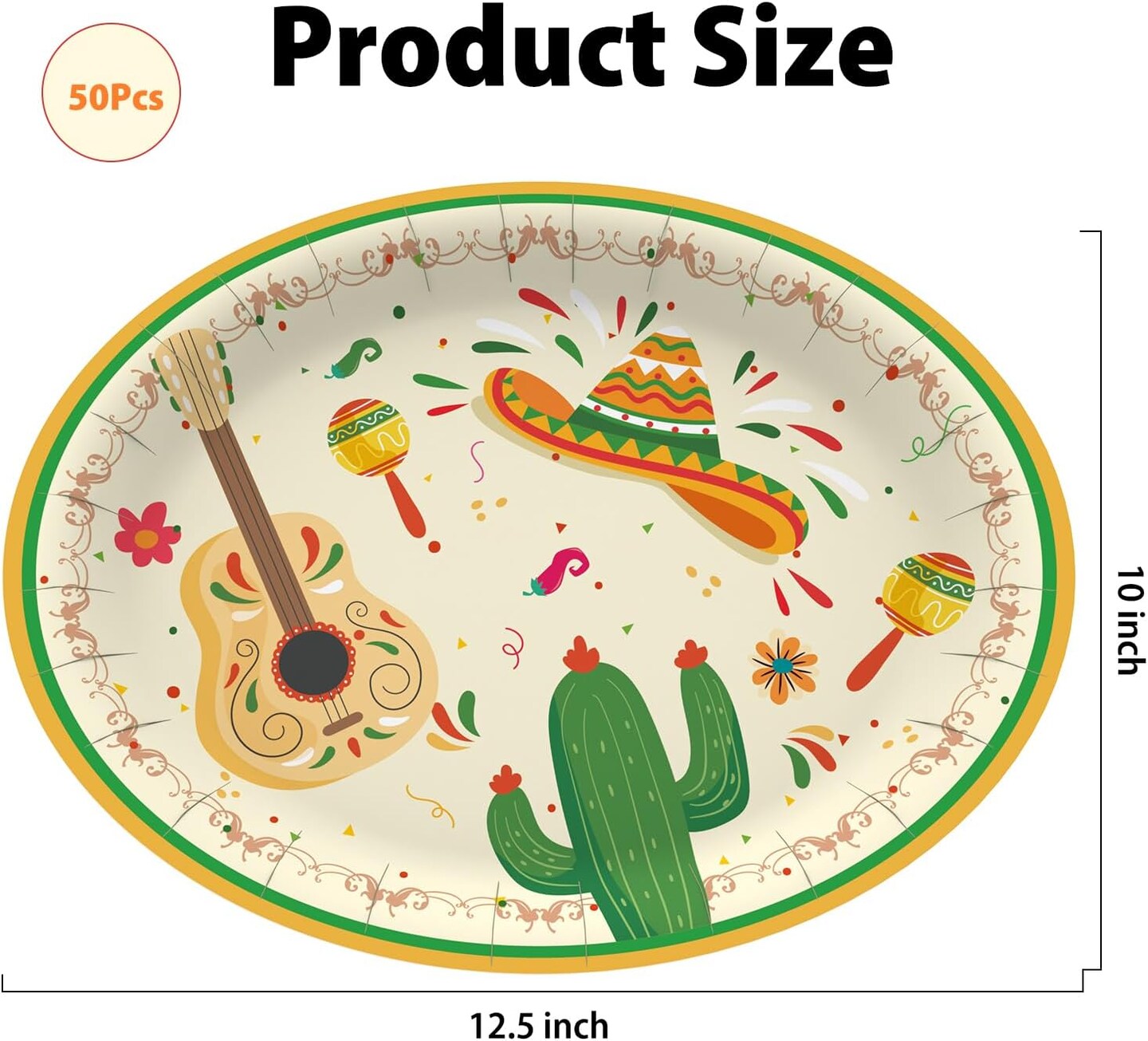 50-Pack Large Fiesta Paper Plates: Cinco de Mayo Disposable Dinnerware for Mexican Party Supplies (Oval, 10 x 12 Inch)