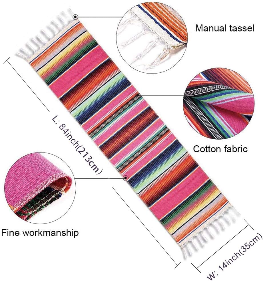Mexican Serape Table Runner 14 x 84 Inch for Mexican Party Wedding Decorations Outdoor Picnics Dining Table, Fringe Cotton Table Runners