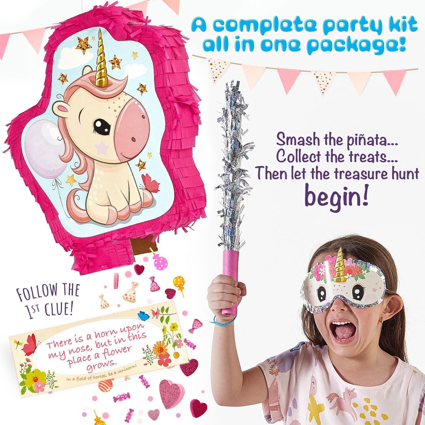 Unicorn Pinata Treasure Hunt Party Game, Birthday Party Complete Set, 16 X 13 Inches, Cute Horse Girl Pinata, Includes Unicorn Pi&#xF1;ata, Horn Mini Pi&#xF1;ata, Pink Bat and more!