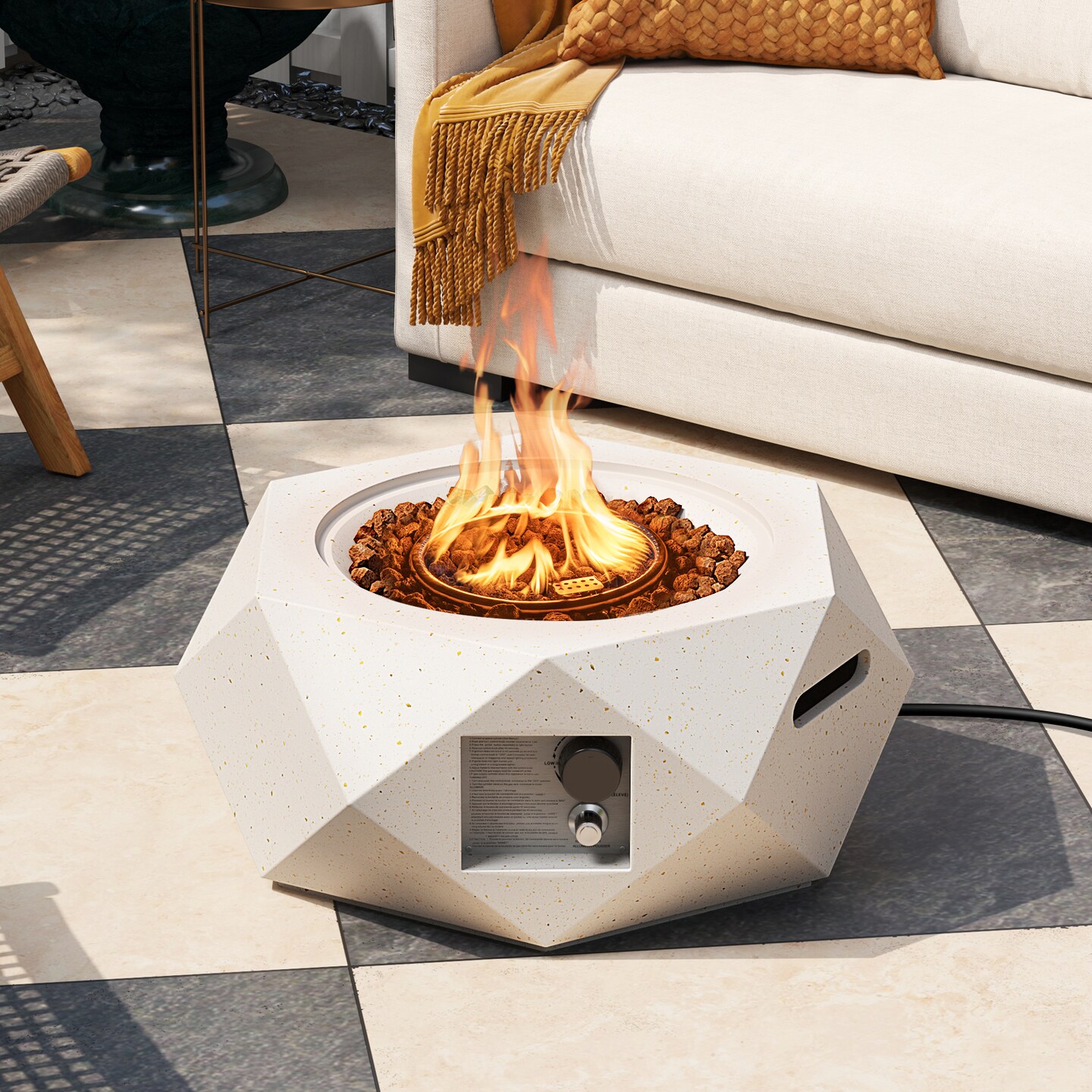White Hexagon Terrazzo Fire Pit Table, 40,000 BTU and Stainless Steel Burner