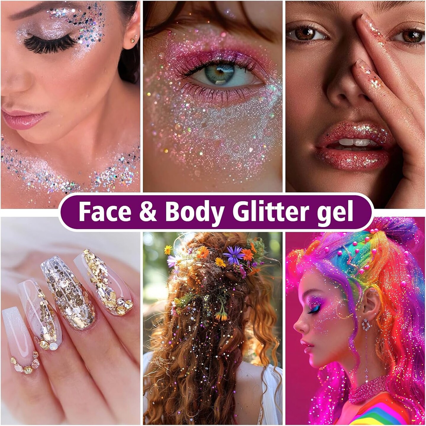Body Glitter Hair Glitter Face Paint Sparkles Makeup,10 Colors Glitter Gel Singer Concerts Disco Rave Festival Valentine&#x2019;s Day Accessories,Chunky Sequins Mermaid Gel for Women Eyeshadow Children Hair