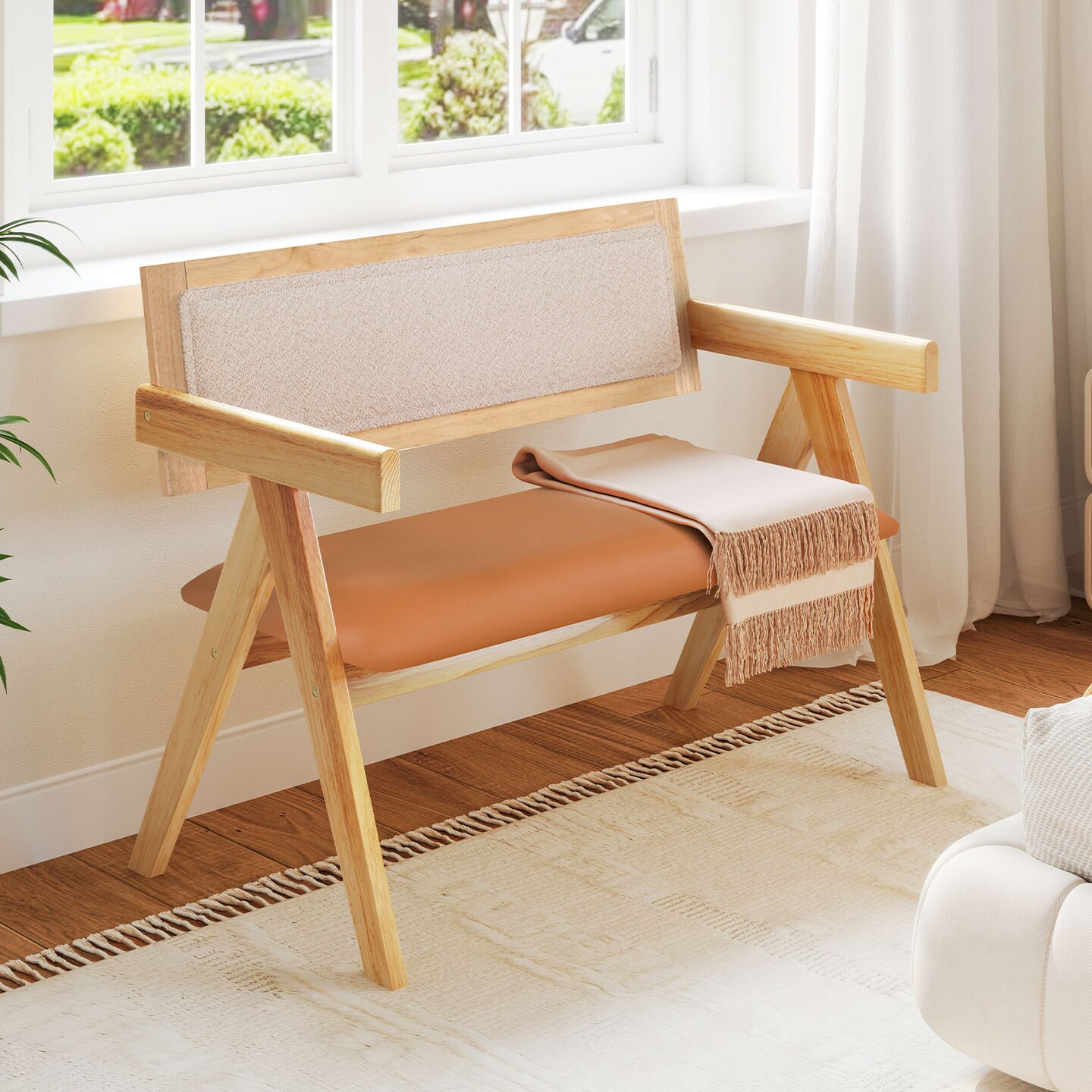 Natural Wood Dining Bench with Sherpa Upholstered Backrest and Soft-Padded Seat