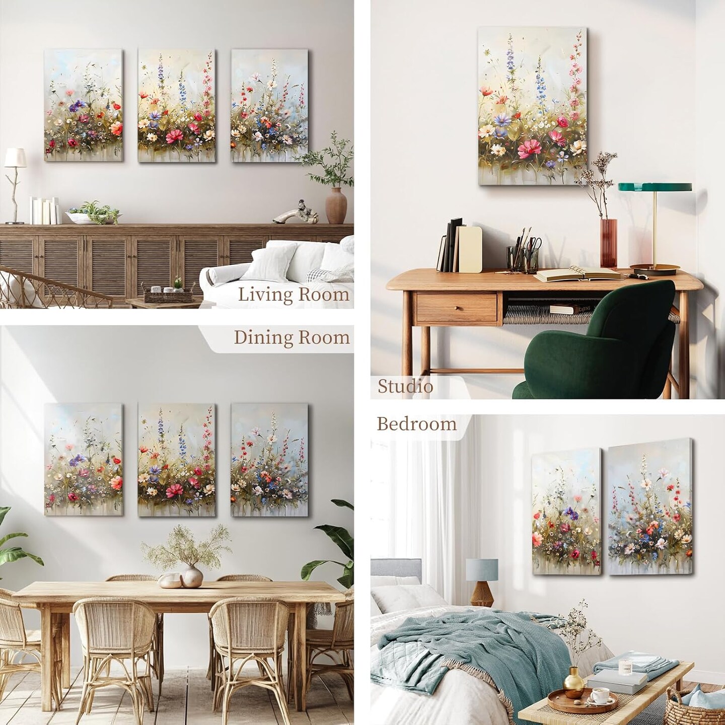 Summer Nature Floral Botanical Wall Art Prints, Aesthetic Farmhouse Decor, Misty Flowers Modern Home Decor Paintings, 3 Piece Canvas Wall Art for Living Room, Bathroom, and Bedroom, 12&#x22; x 16&#x22;