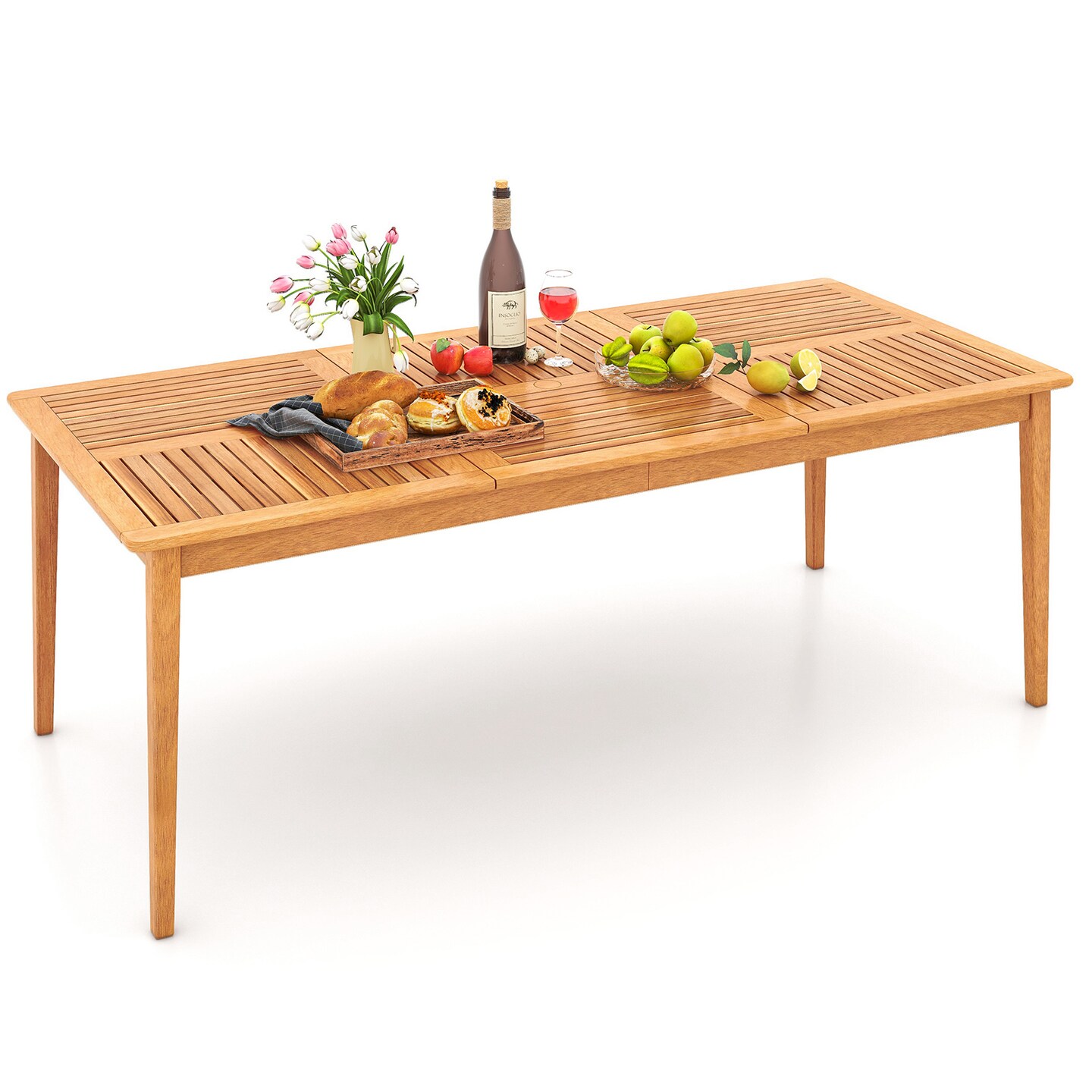 Natural Acacia Wood 8-Person Patio Rectangular Dining Table with Umbrella Hole