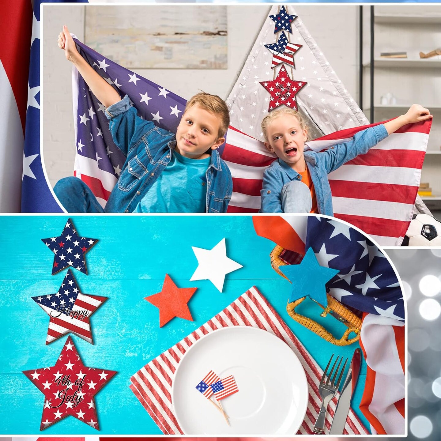 4th of July Door Sign Decorations Patriotic Star Wooden Signs Independence Day Welcome Hanging Sign Memorial Day Door Hanger American Flag for Front Door Porch Wall Decor