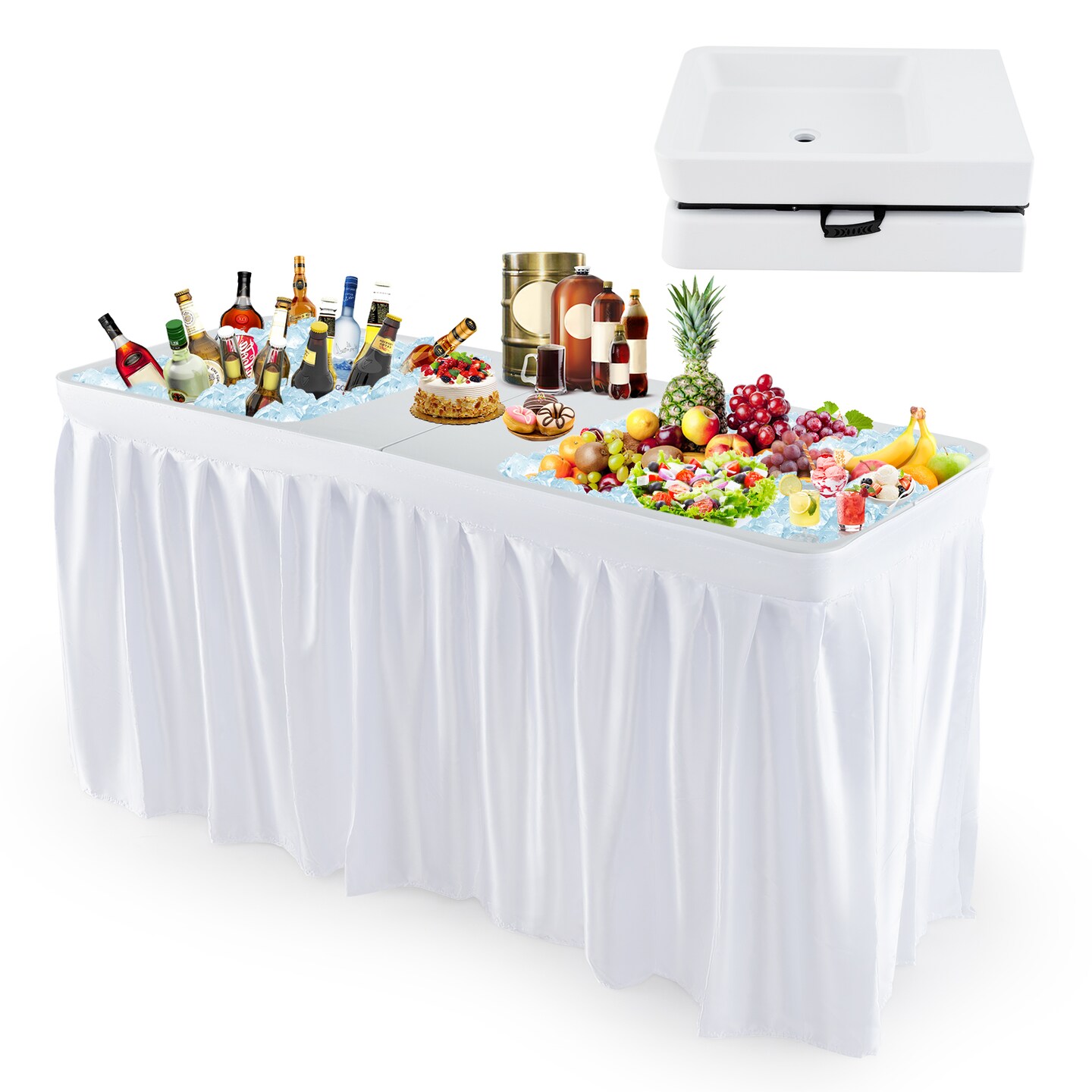 White Folding Ice Cooler Table with Double Sinks and H-Shaped Metal Frame Ideal for Picnic or Wedding