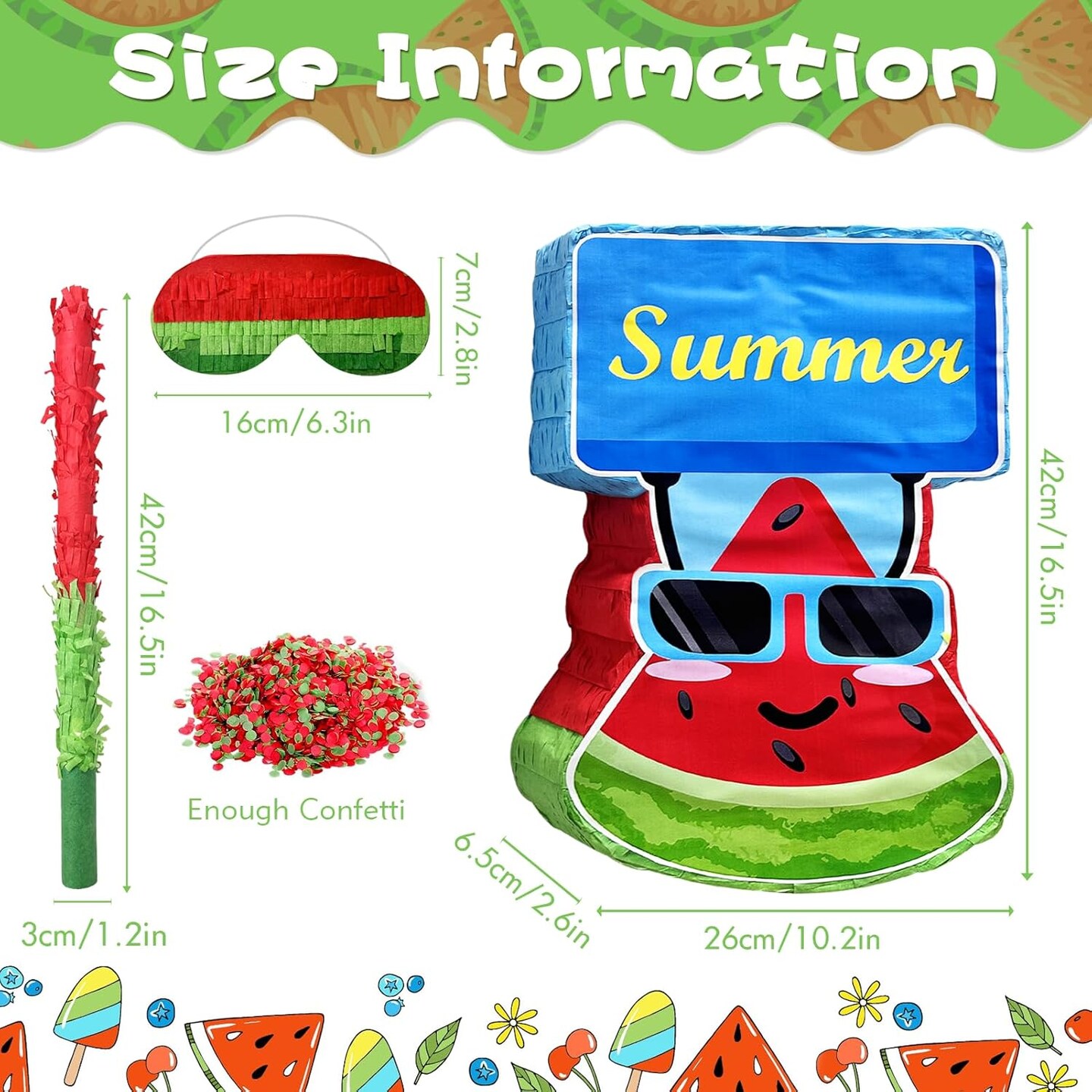 Watermelon Pi&#xF1;ata Summer Theme Pi&#xF1;ata,with Stick Blindfold Confetti,16.5 x 10.2 x 2.6 Inches Summer Fruit Pi&#xF1;ata for Summer Birthday Parties Summer Theme Parties Decoration Party Game