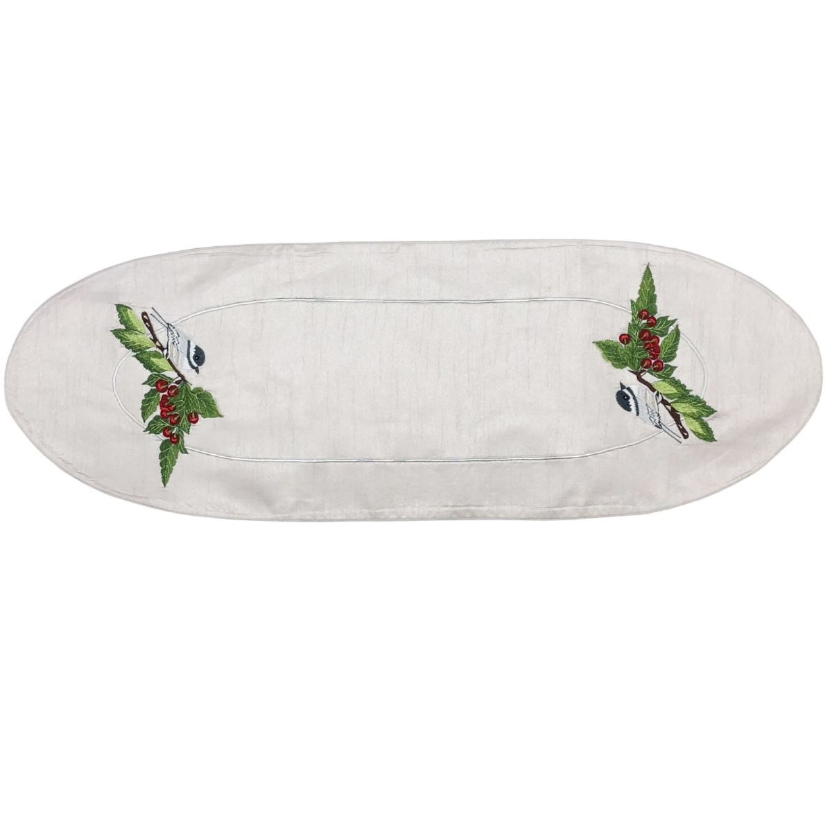 Crafted Creations 12&#x22; x 36&#x22; White and Green Chickadee and Cherries Contemporary Table Runner