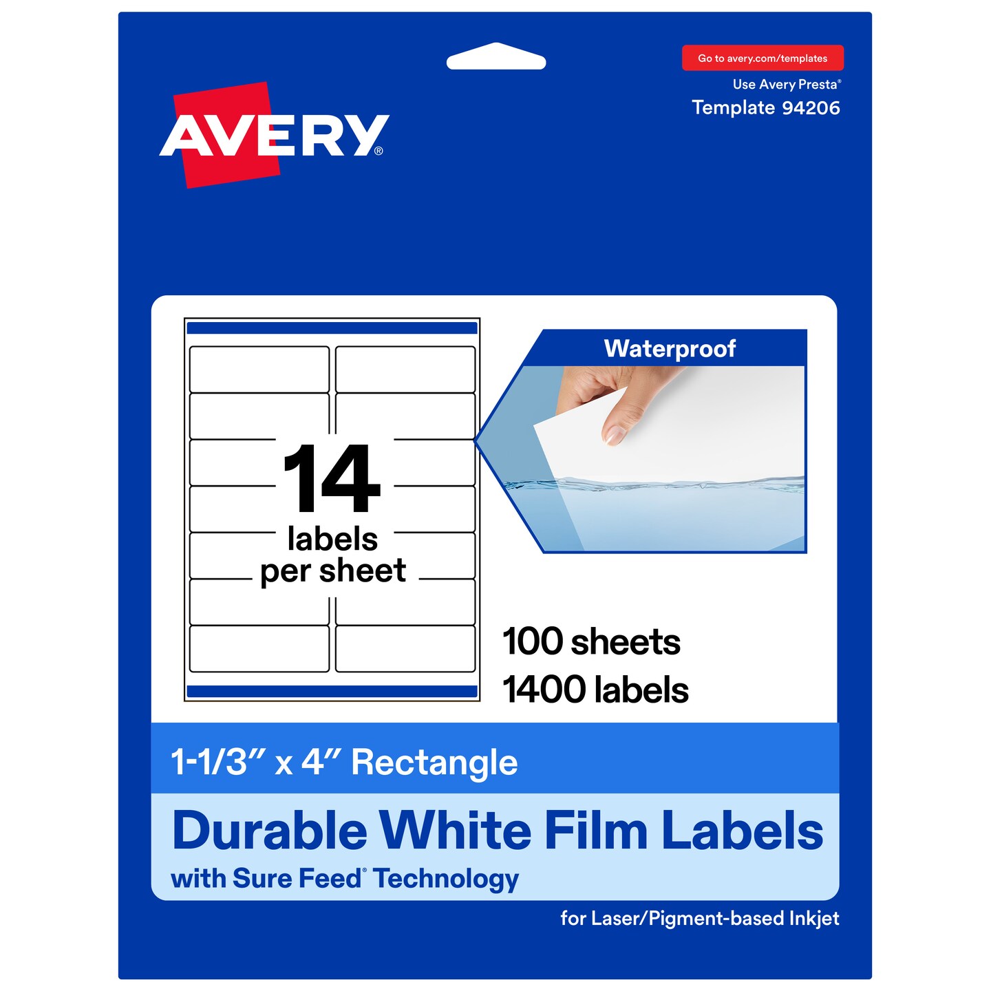Avery Durable Waterproof Rectangle Labels with Sure Feed, 1-1/3" x 4"