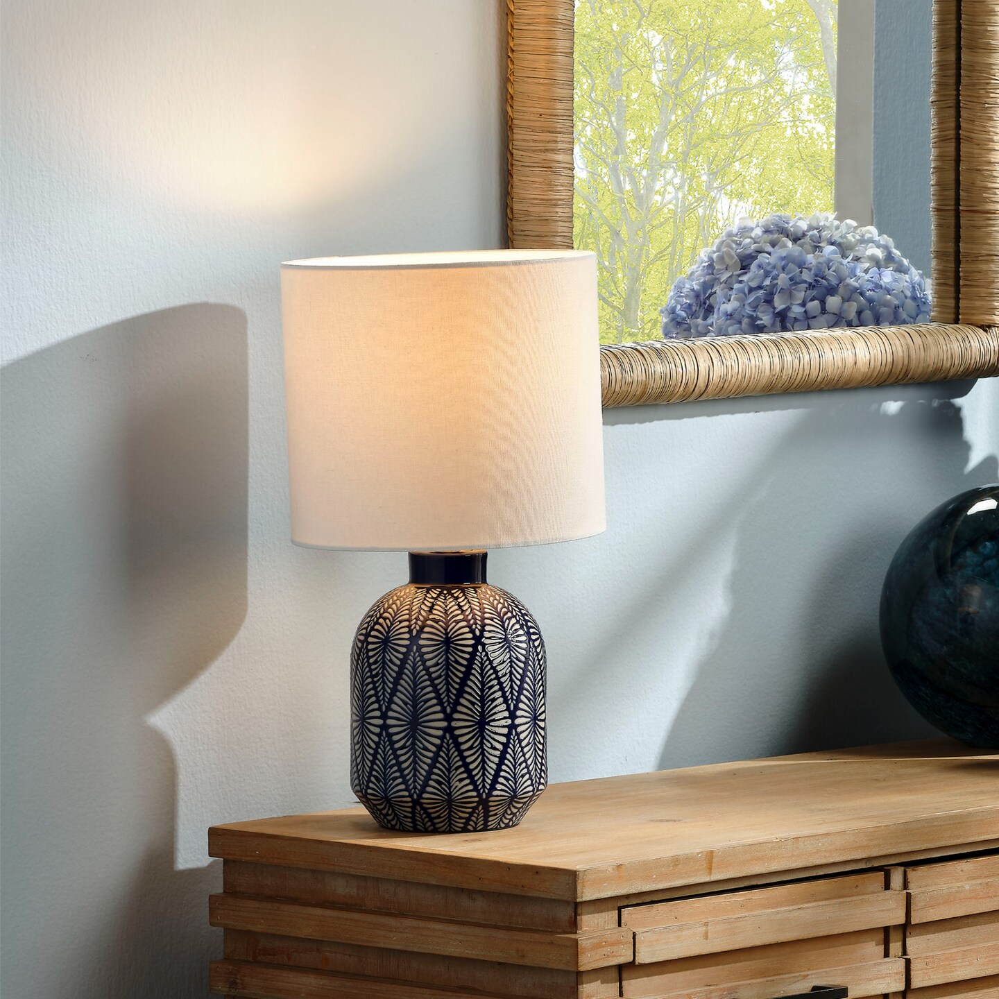 Jamie Young Company Handmade Geometric Table Lamp with Cream Drum Shade - 17&#x22; - Blue and white