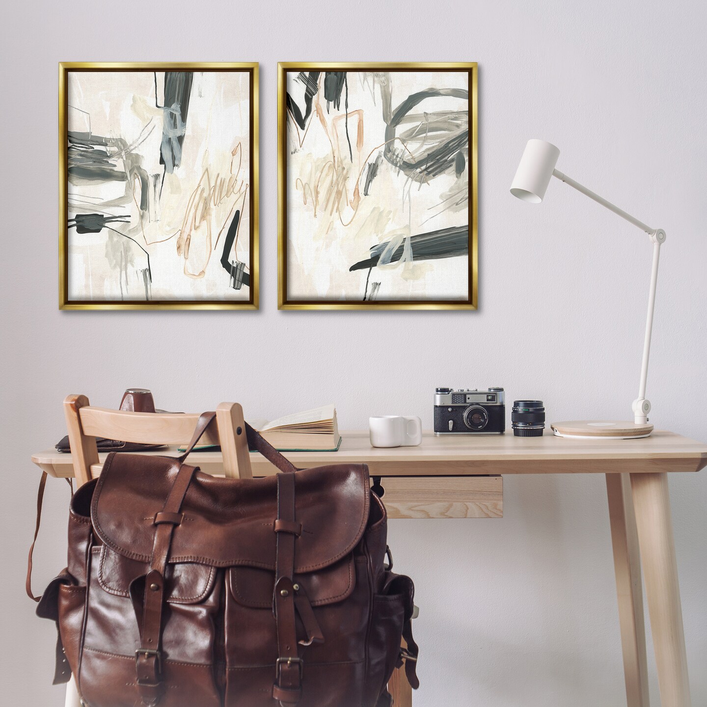Stupell Industries Abstract Squiggly Beige Lines 2 pc Framed Floater Canvas Wall Art Set Design by June Erica Vess