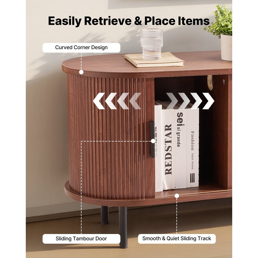 Burlywood Boho TV Stand for 58 in TVs with Rolling Door and Adjustable Shelves