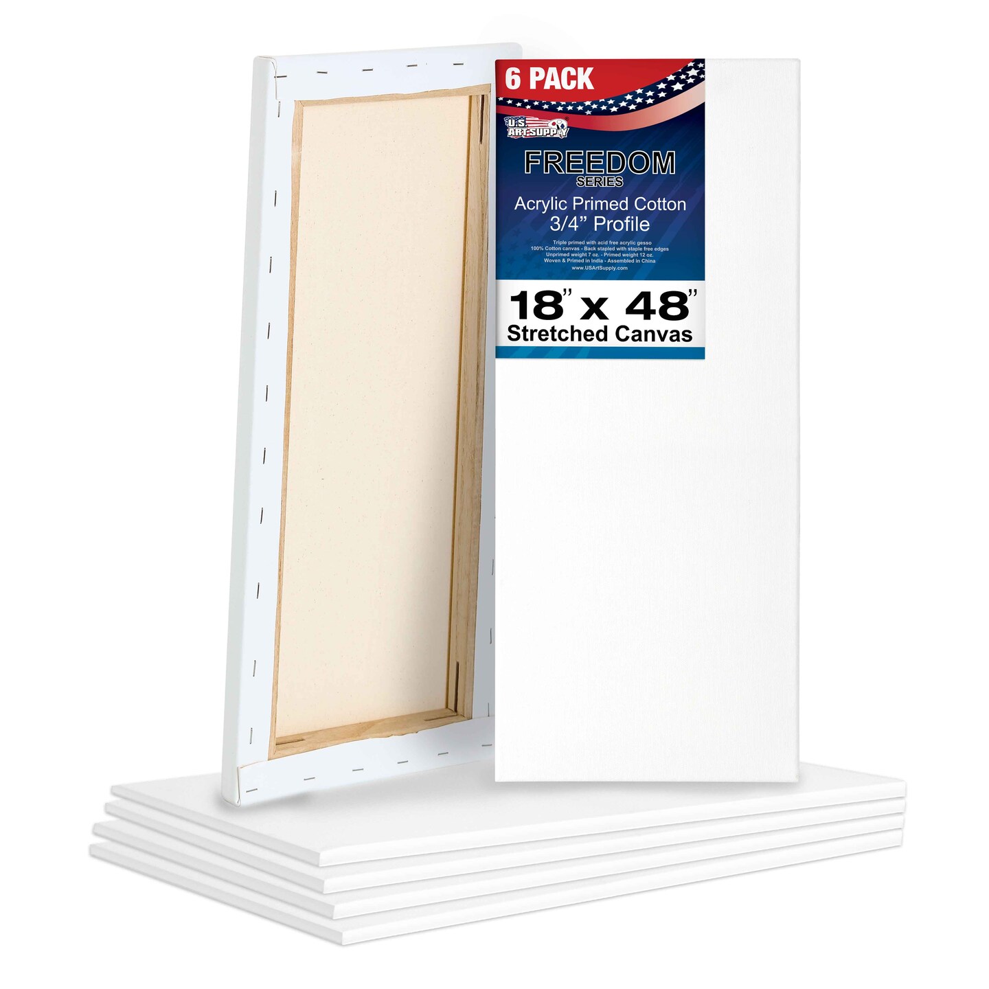 18 x 48 inch Stretched Canvas 12-Ounce Triple Primed, 6-Pack - Professional Artist Quality White Blank 3/4&#x22; Profile, 100% Cotton, Heavy-Weight Gesso