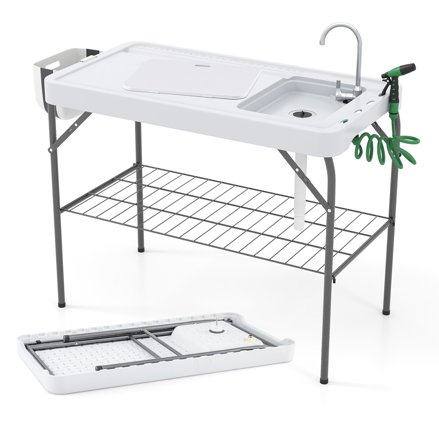 2 in 1 Foldable Fish Cleaning Workstation with Adjustable Drain Hose and Metal Frame
