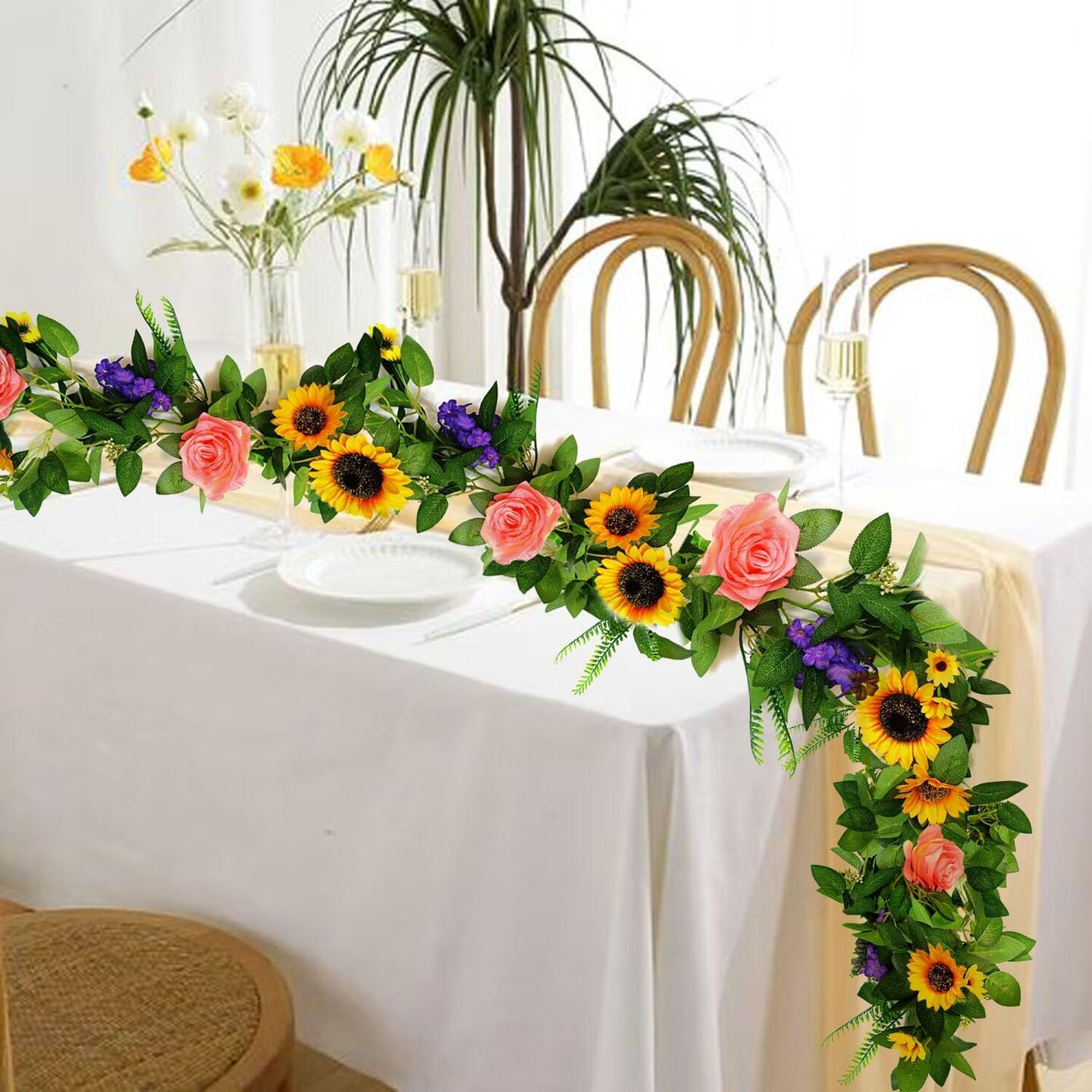 Summer Sunflower Garland – Faux Flower Hanging Vines for Home, Wall, and Arch Decor