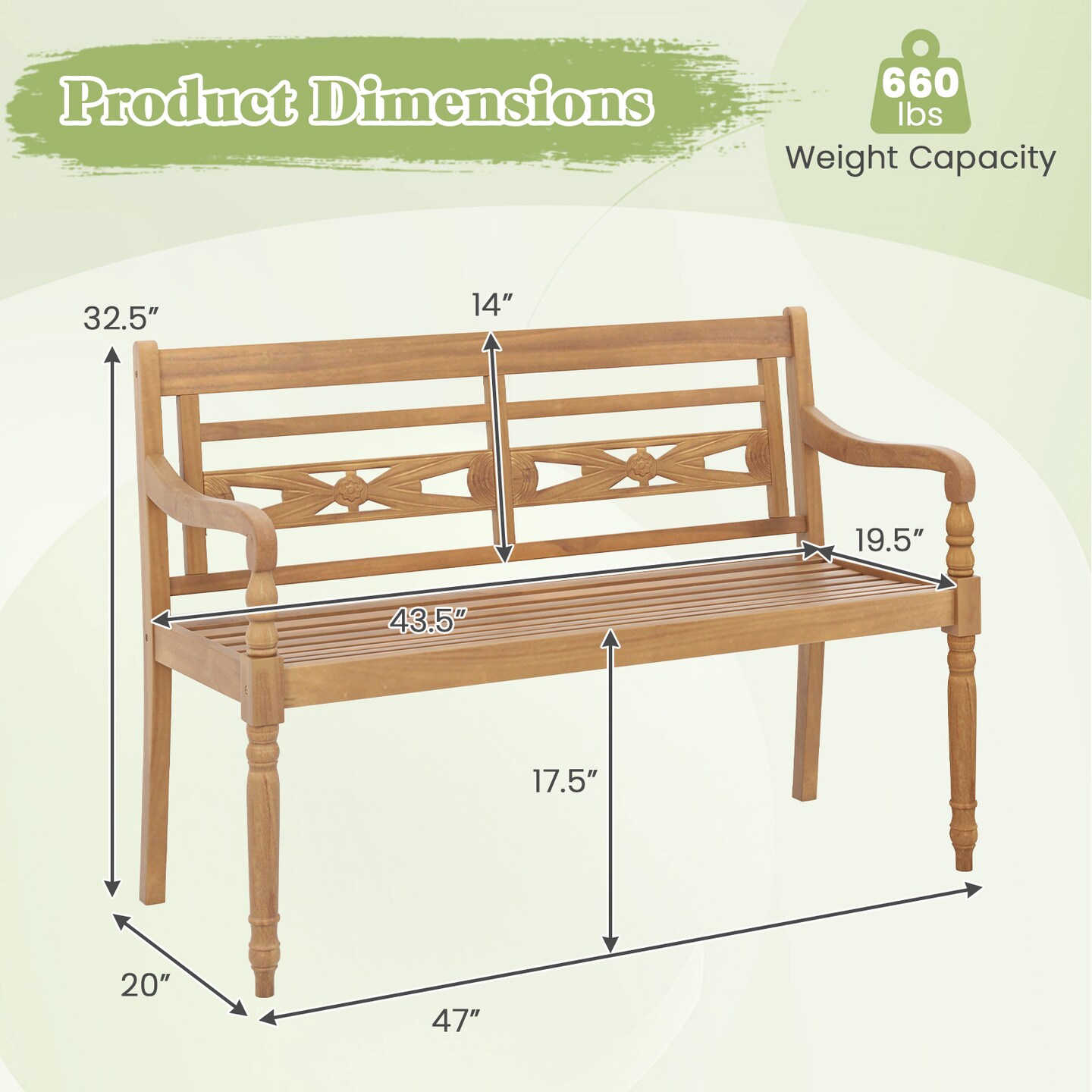 Natural Teak Wood Patio Bench with Wide Backrest and Curved Armrests Ideal for 2 Seats