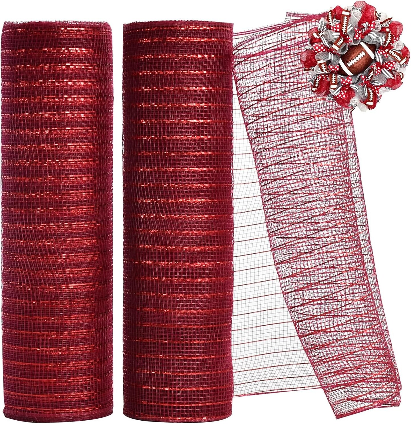 2 Rolls 10 Inch Deep Red Decorative Mesh Ribbbon Rolls, Fabric Mesh with Foil