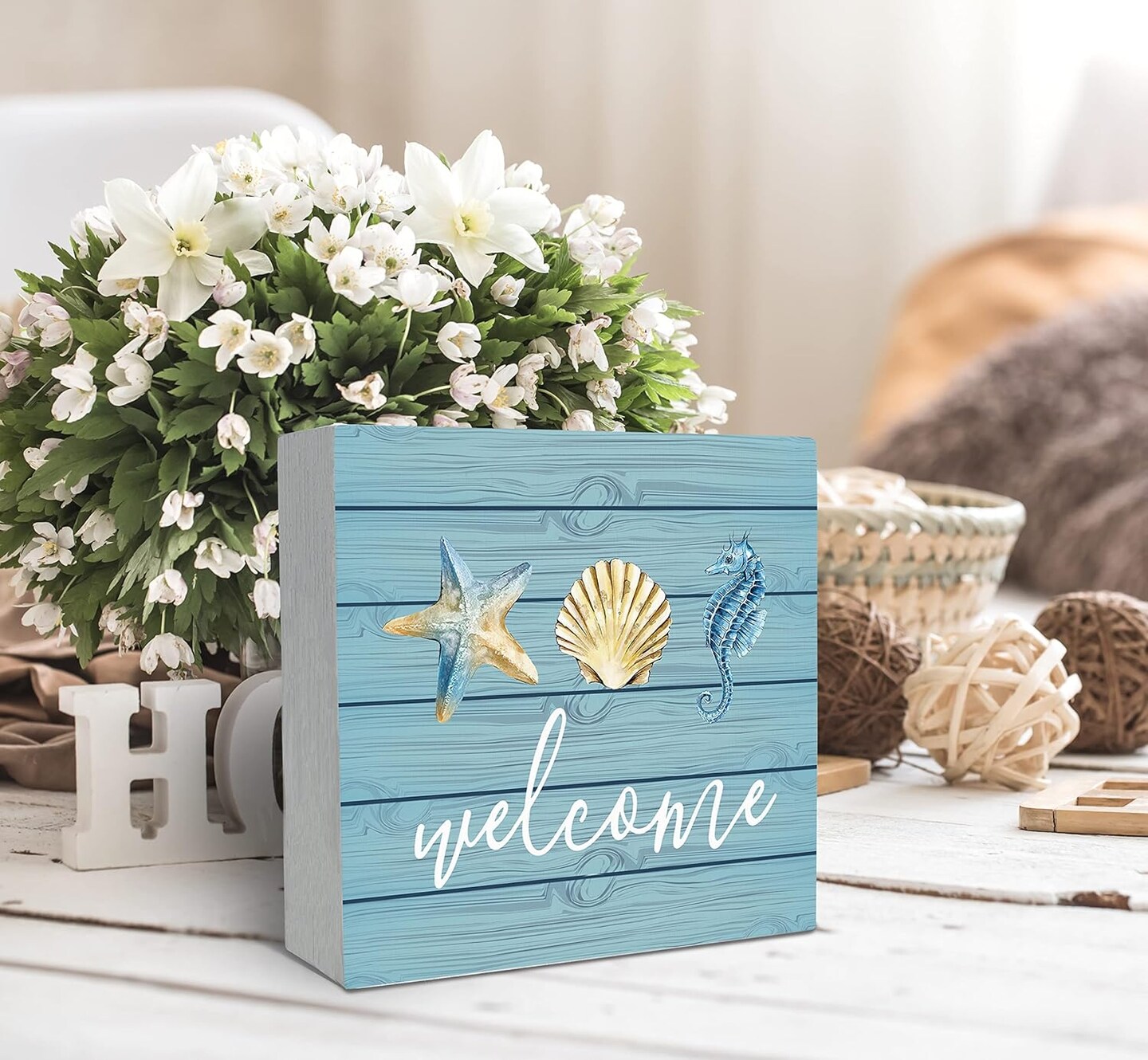 Rustic Summer Beach Wood Box Sign &#x2013; Teal Seashell, Seahorse &#x26; Starfish Tabletop Decor for Coastal Beach House or Shelf Display