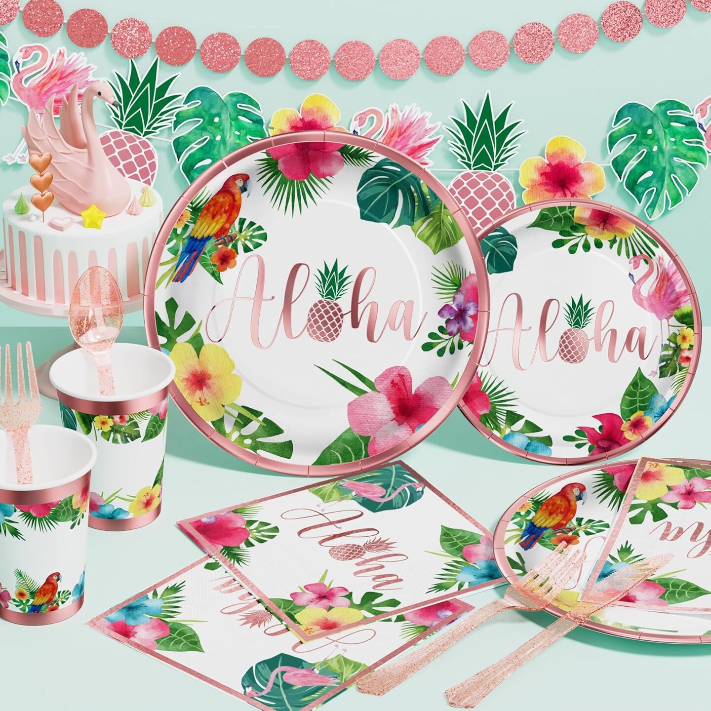 Hawaiian Luau Birthday Party Decorations 329PCS Tropical Aloha Rose Gold Party Supplies for Summer Beach Decor Disposable Dinnerware Set