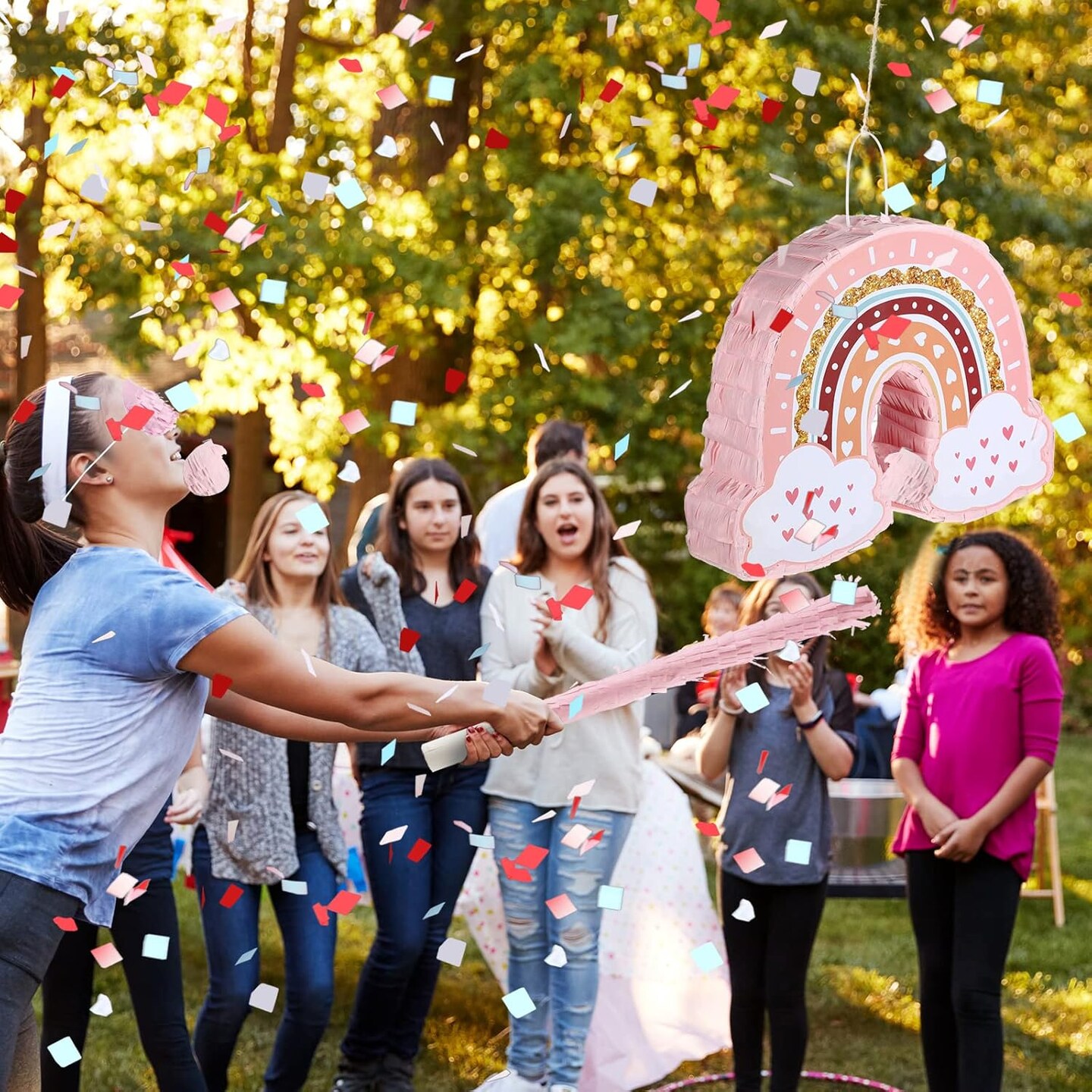 Rainbow Piñata Pink Rainbow Birthday Party Piñata with Bat Stick Blindfold Boho Theme Birthday Baby Shower Toys Games Party Supplies Decor