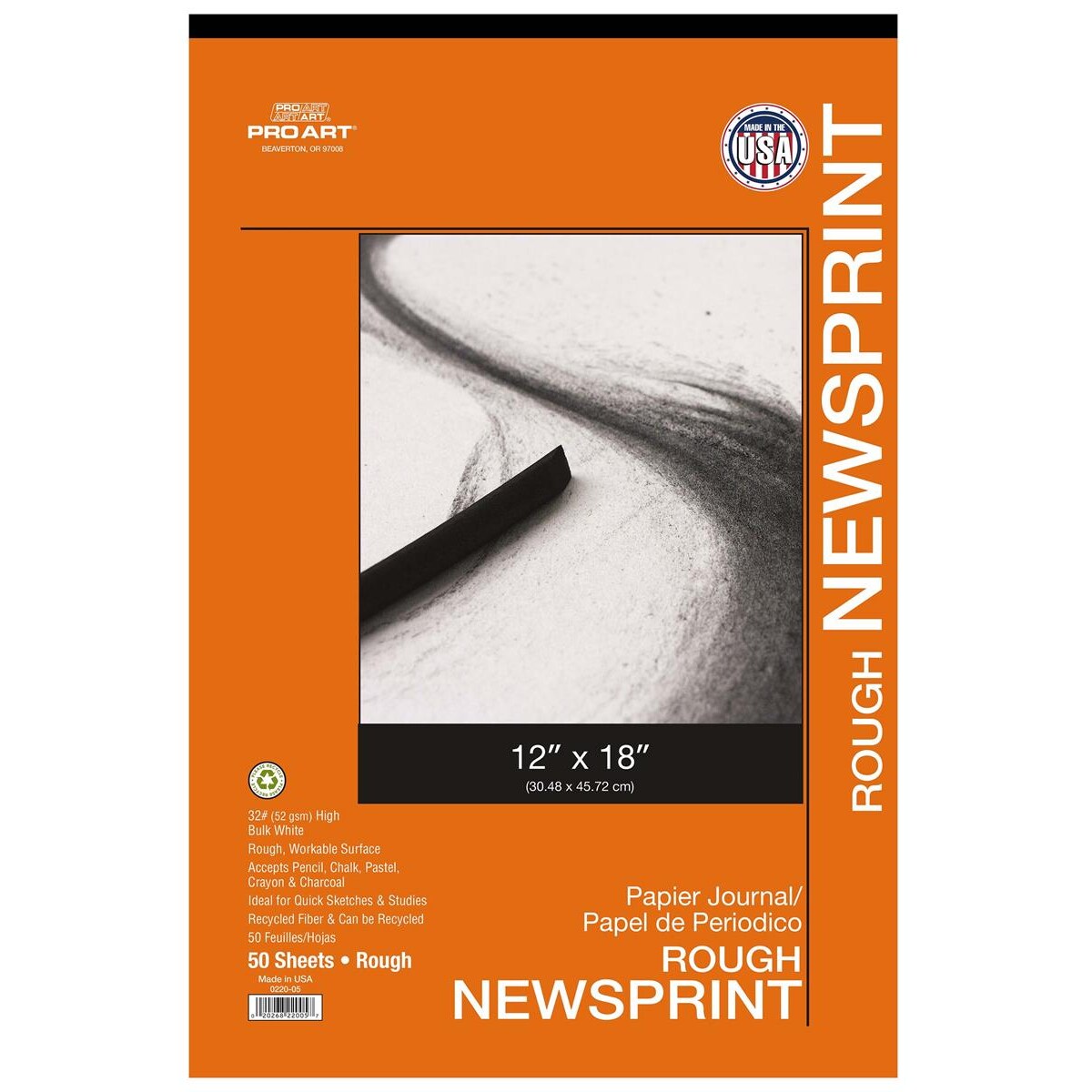 PRO ART Newsprint Paper Pad, 12-inch x 18-inch, 32lb, 50 sheets, Natural Color Newspaper Sketch & Drawing Paper, High Bulk Rough Finish