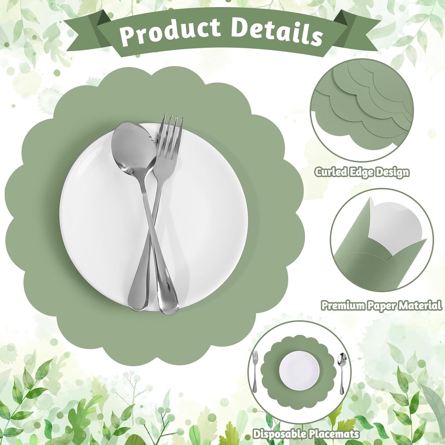 60 Pcs Sage Green Paper Placemats, 13.5 Inch Disposable Scalloped Easter Placemat Round Table Place Mats Decorative Paper for Birthday Wedding Bridal Shower Baby Shower Banquet Tea Party