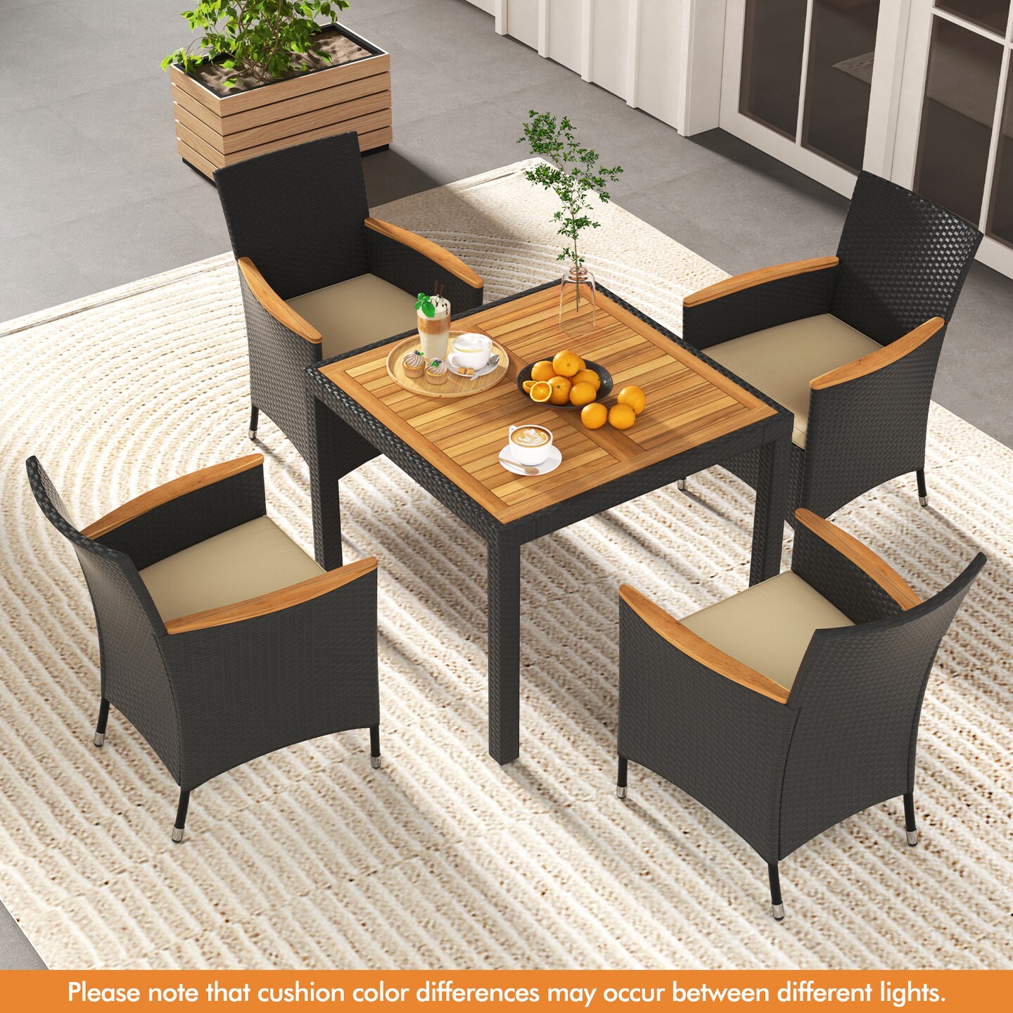 Acacia Wood Dining Set, 5-Piece Rattan Table with Cushioned Chairs and Umbrella Hole