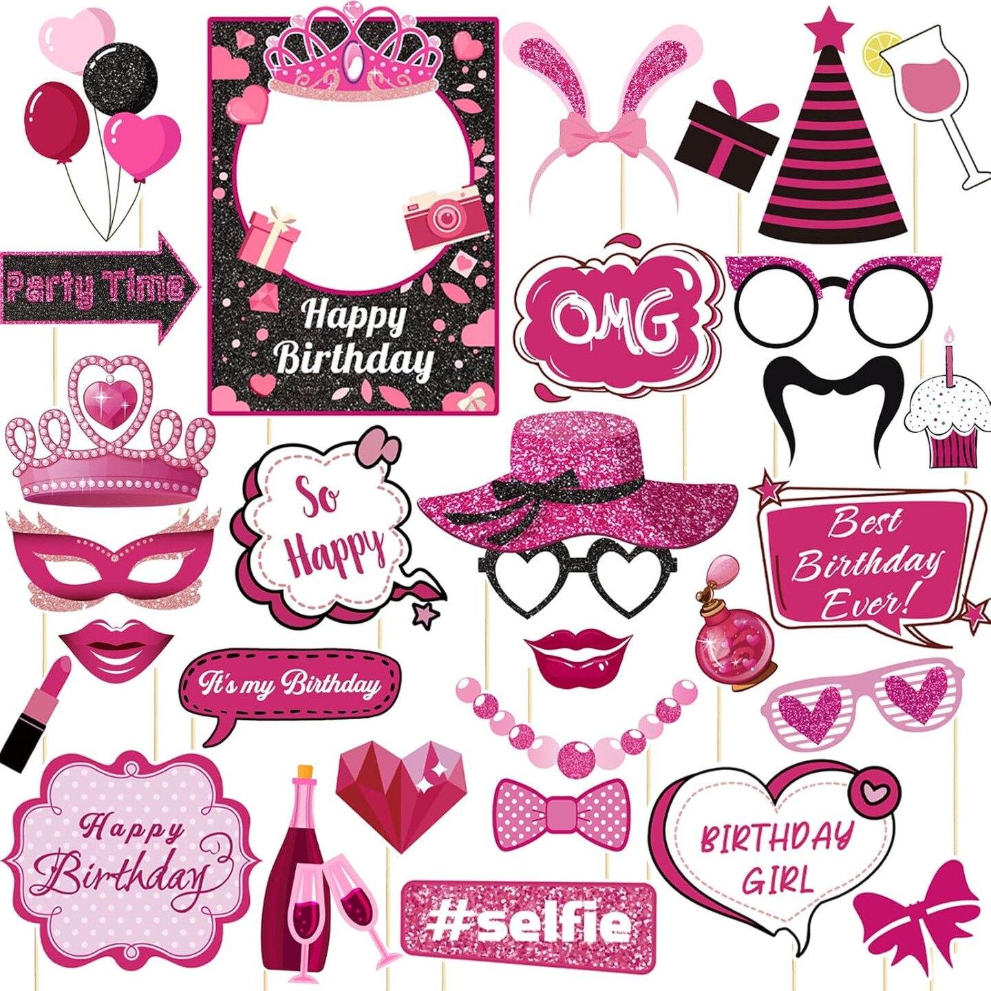 30 Pieces Hot Pink Girls Birthday Photo Booth Props Kit