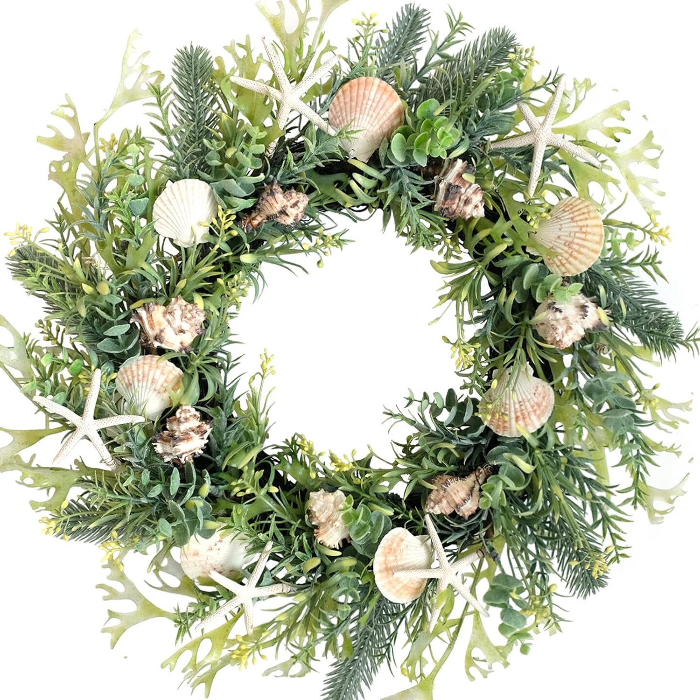 18 Inch Seashell Wreath with Green Leaves &#x2013; Rustic Farmhouse Coastal Wreath with Starfish and Conch Shells for Front Door, Wedding, and Summer Home Decor